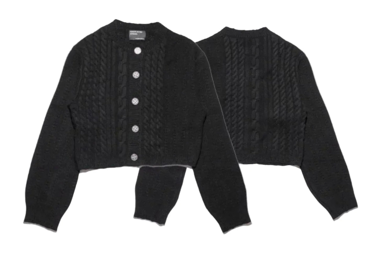 ERD Silver Button Cable-Knit Cropped Cardigan - Black