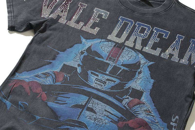 VALE USA Rhinestone Football Graphic Washed T-Shirt